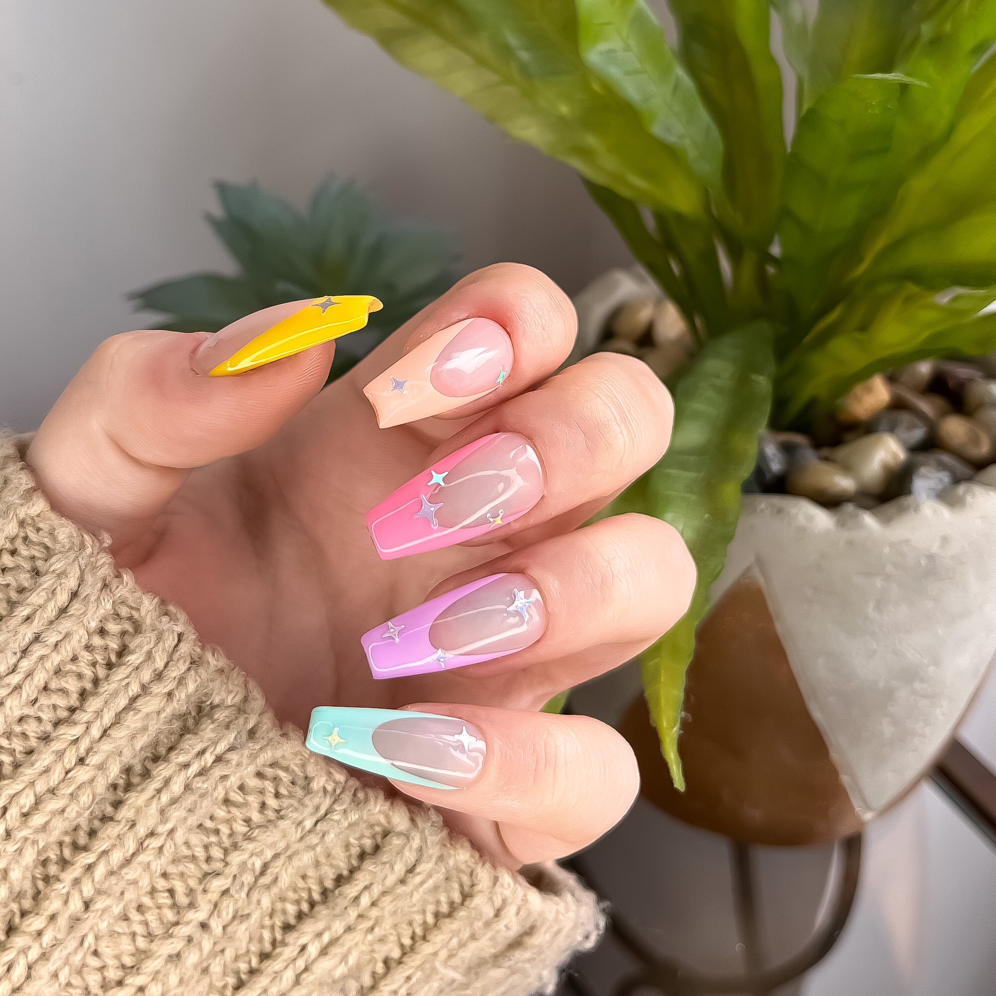 Pastel Rainbow Stars French Tip Luxury Press On Nails – Prestige Nails