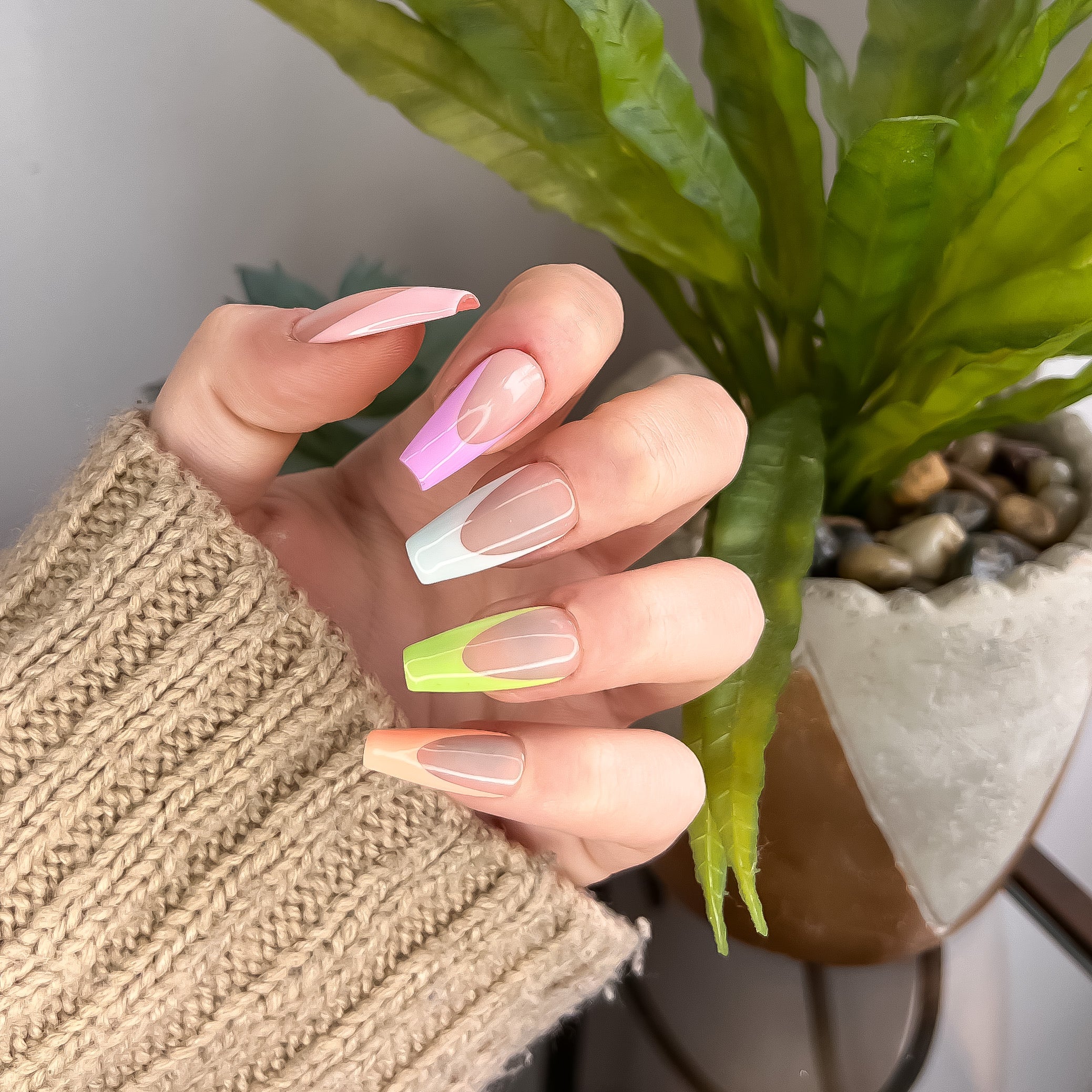 Pastel Summer French Tip Hand-painted Press on Nails 