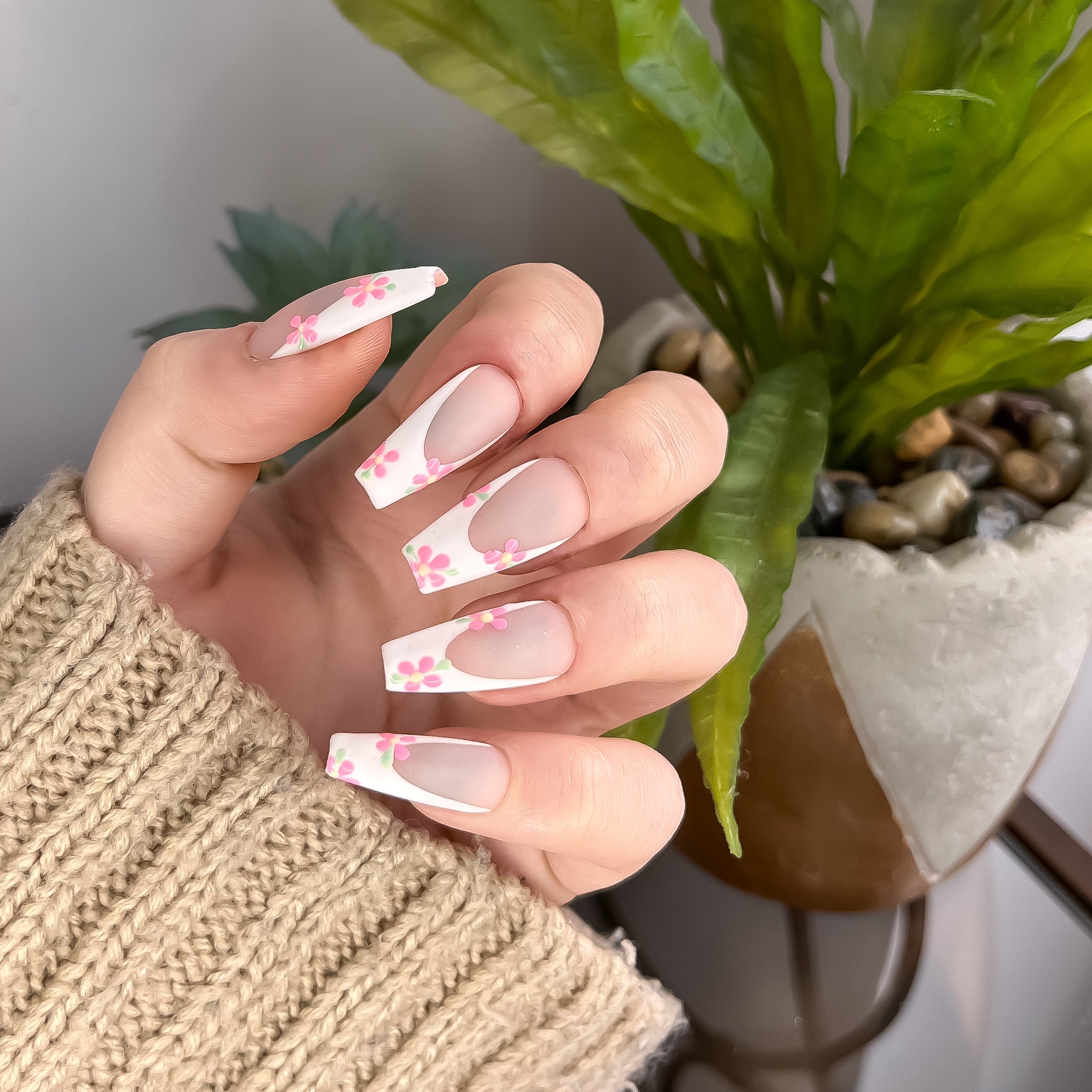 White Flower French Tip Luxury Press On Nails – Prestige Nails
