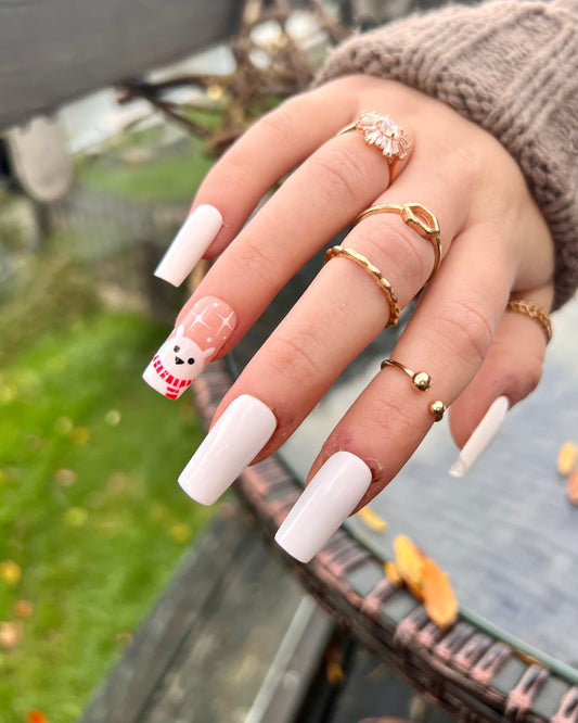 The best re-usable Christmas polar bear nails with a cute bear accent finger and plain white on the rest. iIn mid-square length.